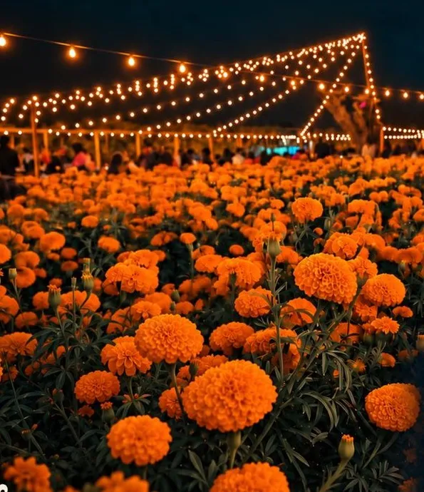 Campo de cempasúchil iluminado por guirnaldas de luces en el Jardín Laachi Ru Gia