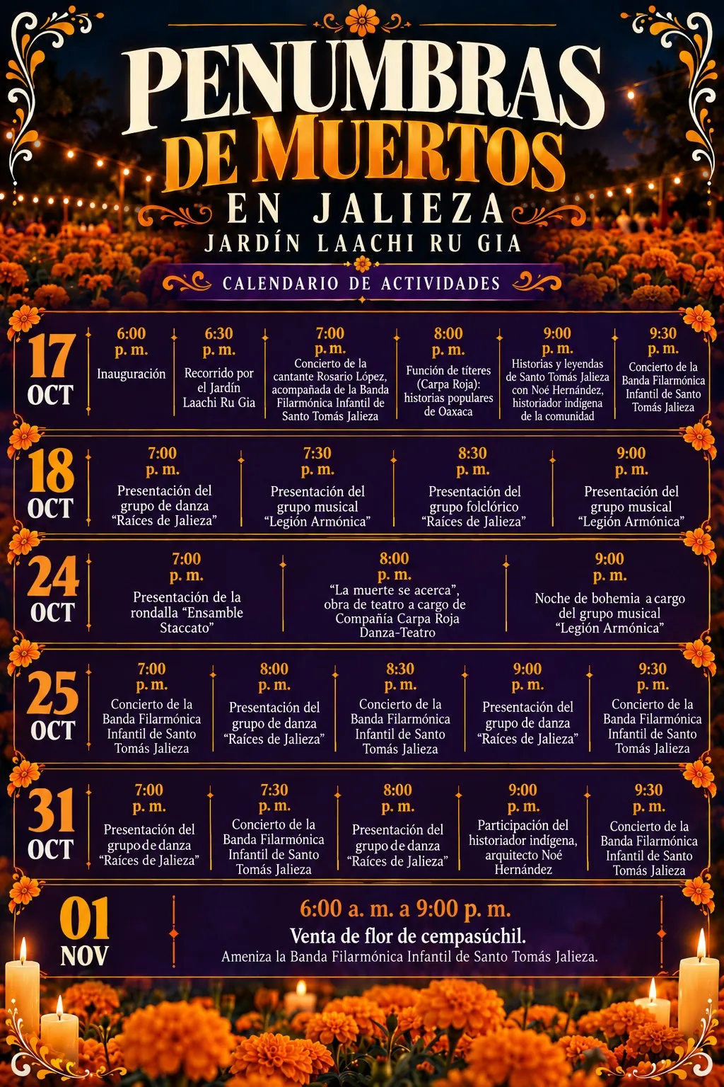 Cartel con el calendario de actividades de Penumbras de Muertos en Jalieza